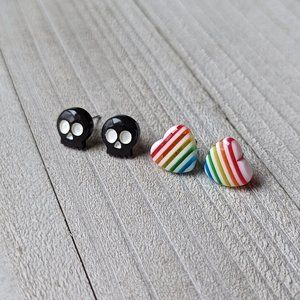 Skull & Heart Resin Stud Earrings, Set of 2 - Black Skull, Rainbow Striped Heart
